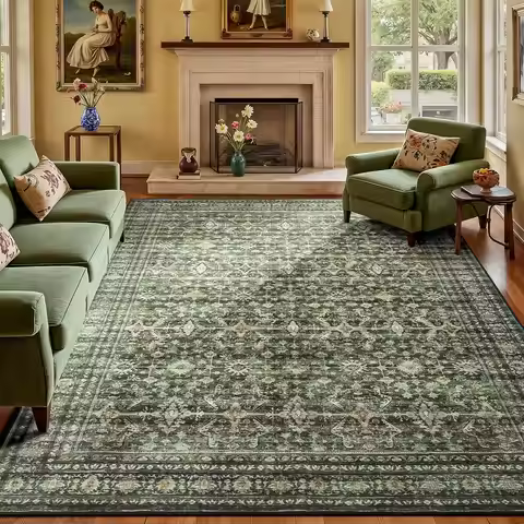 8x10 Washable Area Rug with Non-Slip Backing, Soft Boho Carpet for Living Room Bedroom Home Office I
