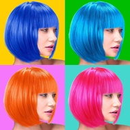 4PCS Rambut Palsu Lucu untuk Wanita Lelaki, Rambut Palsu Badut Neon Gila, Rambut Bob Troll Berwarna-
