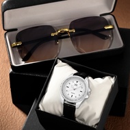 ชุด2ชิ้นนาฬิกาสายหนังลำลองแฟชั่นผู้หญิงแว่นตาผู้หญิง rhinestone dial QUARTZ wristwatch นาฬิกา montre Femme