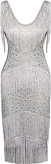 1920s Flapper Dress V Neck Sequin Beaded Dress Roaring 20s Gatsby Fringe Party Dress