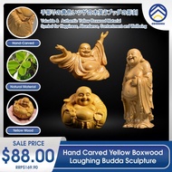 ODOROKU Yellow Box Wood Laughing Happy Buddha Statue Hand Carved Yellow Wood Statue Smiling Sitting