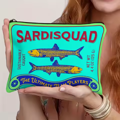 Sardines Tin Mini Cosmetic Bag, Tinned Fish Accessory Clutch, Trendy Sardines Mini Bag, Sardines Zip