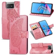 全城熱賣 - 適用於華碩 Asus Zenfone 7 ZS670KS 蝶戀花壓花左右翻蓋皮套帶支架/掛繩/卡槽/錢包PU+TPU手機皮套（粉色）