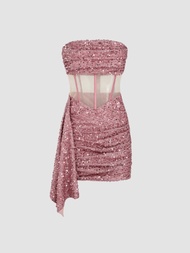 Cider Sequin Ruffle Sheer Tube Dress