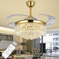 QUKAU Invisible ceiling Fan Light 42 Inch  remote control Ceiling Fan Light Hall Luxury Crystal Chandelier