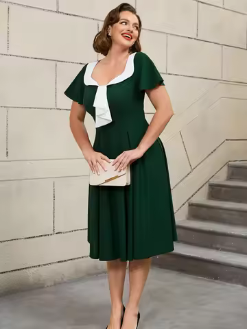 Plus Size Colorblock Lapel A Line Short Sleeve Green Dress for Women 90s Outfits Going Out Outfits C