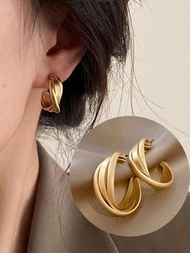 1對女性銀色針狀幾何油炸鬼麻花耳環整潔優雅環耳環高級版