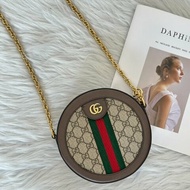 GUCCI 紅綠織帶老花迷你圓餅包 - 烏木