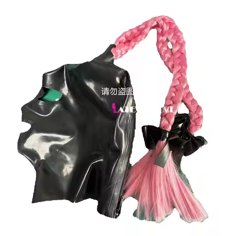 Latex Hood Mask Double Pink Braided Hair Rubber Ponytail