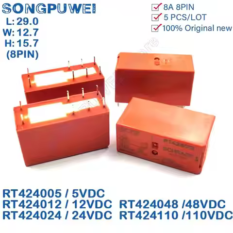 5Pcs/Lot Power Relays 5V 12V 24V 48V 110V DC RT424 8PIN 8A 250VAC RT424005 RT424012 RT424024 SPDT 2 