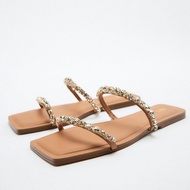 Zara2023 Summer New Product Women's Shoes Natural Color Rhinestone French Style Flat Sandals Square Toe Outer Sandals