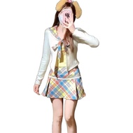 Sweet Dopamine Collar Top & Lace-Up Skirt - Checked Outfit Set