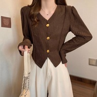 Aiyiyi Large Size Top v-Neck Cardigan Short M-4XL French Retro Long-Sleeved Loose Temperament 2F093-