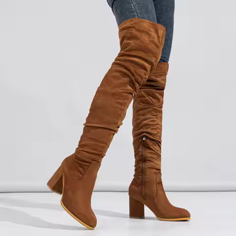 Boots 2025 Woman New Fashion Round Toe Zip Elastic Long Boots Classics Flock 7.5CM Square Heel Motor