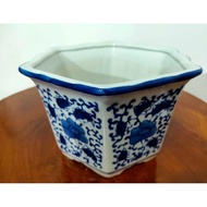 Spesial Keramik Pajangan Pot Bunga Segi Enam Biru Putih Besar