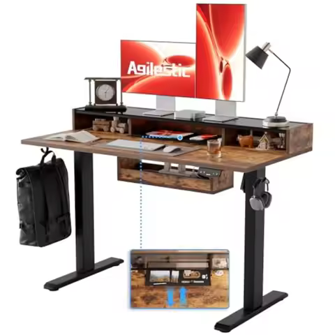 Glass Standing Desk with Storage 48 Inch Electric Adjustable Desk with Glass Shelf and Cable Managem
