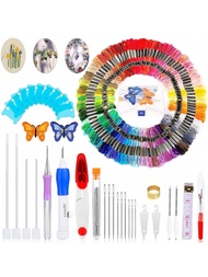 1 Bộ dụng cụ thêu cơ bản, bao gồm bút ma thuật, 50 sợi chỉ nhiều màu, kim và chỉ - Bộ kim đục lỗ thủ
