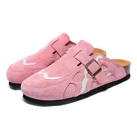 Cow Suede Leather Cork Mules Slippers for Men Women Close Toe Slippers Home Shoes Slip on Clogs Vint