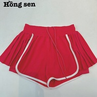 Quần Boxer Thể Thao Nữ 2 Lớp Xếp Ly Viền Trắng Chạy Bộ Gym Pickleball Tennis