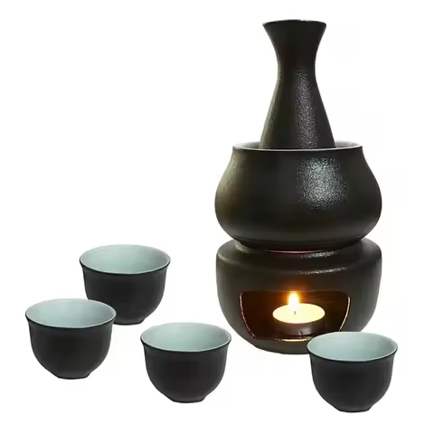 Ceramic Sake Set with Warmer Include 1pc Sake Bottle, 4pc Sake Cups, 1pc Warmer Cup, 1pc Candle Heat