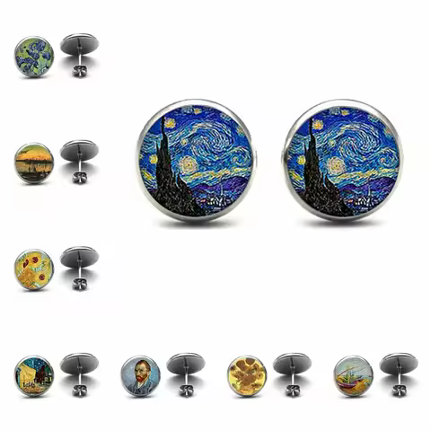 fashion Van Gogh Painting Stud Earrings art The Starry Night Ear Studs Van Gogh Sunflowers Round Jew