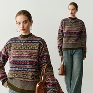 【100%羊毛】 法式簡約/圓領費爾島套頭毛衣/重工提花針織衫