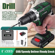 EXCEED Bor Tanpa Kabel Dampak Bor Baterai Bor dampak Mesin Bor Cordless Bor Listrik Beton Besi Kayu Lengkap Mata Bor 2 Baterai Cordless Drill Full Set Of Drill Bits