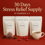 Hocha 30 Days Stress Relief Tea | 21 Years Aged Puer + Premium Rose | 10 Teabags x 3 Packs | Calm & 