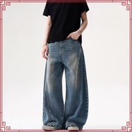 Retro Washed Pleated Curved Jeans Men American Loose Casual Wide-Leg baggy Pants