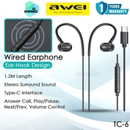 Awei TC-6 Wired Earphone Ear-Hook Headphone Stereo Sound 1.2M Length Type-C Earphone Awei Earphone A