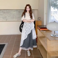 Korean Style Plus Size Women's Skirt Set 2-Piece Plaid Pattern + Trendy Lace 2025