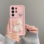 1 ชิ้น เคสโทรศัพท์น่ารักหมีโชคดีพร้อมขาตั้งกระจก DIY ชุบเงิน หัวใจซิลิโคน เชือกสั้น แบบขั้นบันได [เว