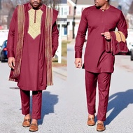 Sut Agbada Afrika untuk Lelaki Jubah Bersulam Dashiki Penutup Baju Seluar Set 3 Keping Boubou Africa