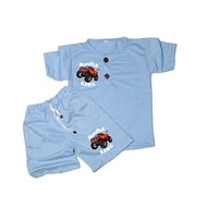 setelan kiano kancingan terbaru motif kendaraan mobil monster usia 1-5 tahun set baju anak laki laki