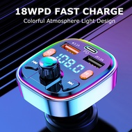 ┇ Car FM Transmitter Dual USB PD Type C Fast Car Charge Ambient Light Bluetooth 5.0 Handsfree External Microphone Car FM Modulator