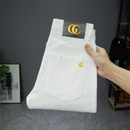 Classy Men Thin White Cropped Denim Mens Silm Skinny Jeans K-style Beige Cropped Pants Summer Thin