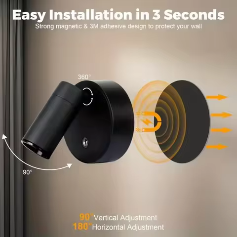 2000mAh LED Wall Lamp Rechargeable Dimmable Bedside Reading Lamp 360° Rotatable Touch Control Magnet