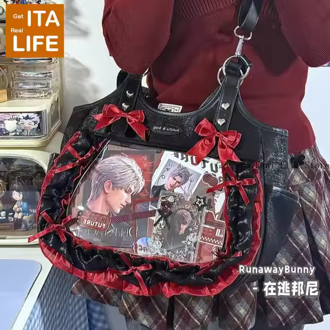 Italife Bow Lace Trim Ita Bag Crossbody with Insert for Women Kawaii Anime Clear Shoulder Bag Pin Di