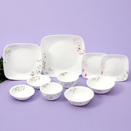 Corelle Monteverde San Jose ชามและจานเซรามิกทรงสี่เหลี่ยม 10 ชิ้น อาหารเย็น เครื่องล้างจาน เตาอบ ตู้เซฟ