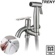 TRENY FULL SET Stainless Steel 2 Way Tap Bathroom Bidet Spray Holder Hose Hos Paip Kepala Paip Sembu
