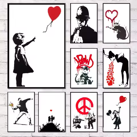 Girl and Red Balloon Banksy Art Nordic Characters Canvas Painting Mural Poster Living Room Bedroom B