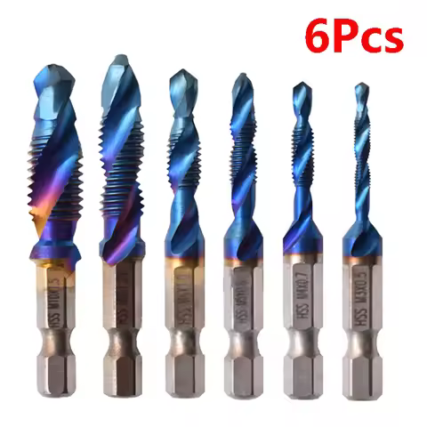6Pcs Tap Drill Bit Set Hex Shank Titanium Plated HSS Screw Thread Bit Screw Machine Compound Tap M3 