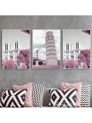 3入組巴黎花卉法國城市建築海報和印刷城堡粉色和黑色壁畫北歐畫布油畫圖片室內裝飾無框
