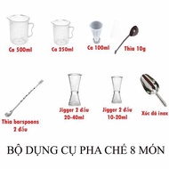Bộ dụng cụ pha chế 8 món (ca 500-250-100ml thìa 10g thìa khuấy hai đầu jigger 10/20 - 20/40ml xúc đá
