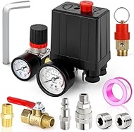 MEANLIN MEASURE Air Compressor Pressure Switch Control Valve 90-120 PSI 110V-240V 4-way Replacement Parts With 0-180 Psi Air Compressor Regulator and Safety Pressure Relief Valve