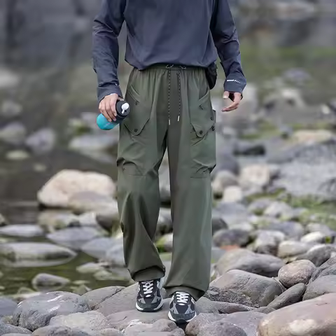 CHRLCK Men's Waterproof Hiking Pants Green Fashion Cargo Pants Autumn Outdoor Trousers Fishing Campi
