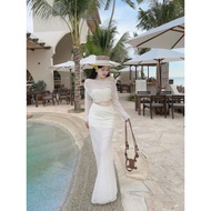 Women's beachwear Set, long-sleeved t-shirt and long fishtail skirt made of paper cotton with lining