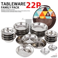 CLS Tableware 22 Pcs Stainless Steel Plate Bowl Set Mess Kit Camping Outdoor Hiking Portable Bag Rak