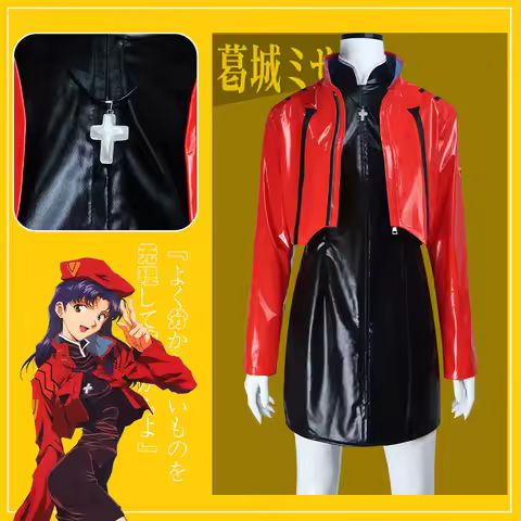 EVA Misato Katsuragi Cosplay Costume Misato Leather Dress Outfit NERV Uniform Glossy Jacket and Blac