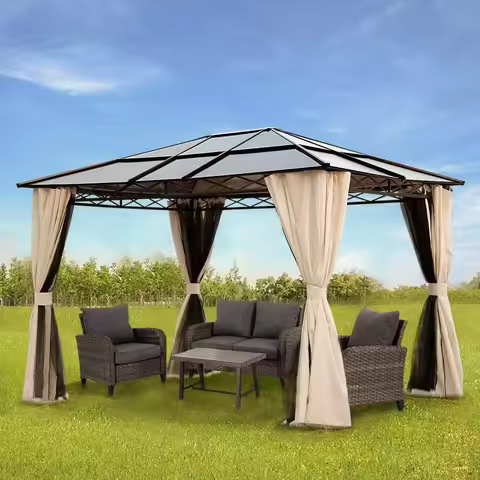 10x12 Gazebo, Hardtop Gazebo, Single Roof Pergolas Metal Aluminum Frame UV 50+ Outdoor Canopy with M